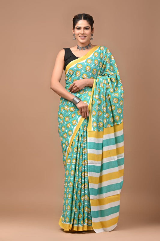 Kiara - Green Block Print Mul Cotton Saree with Cute Cubs' design