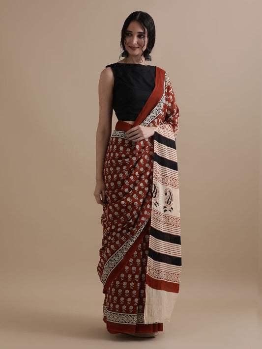 Kokum Shot - Red  Block Print Mul Cotton Saree with Artistic Pallu
