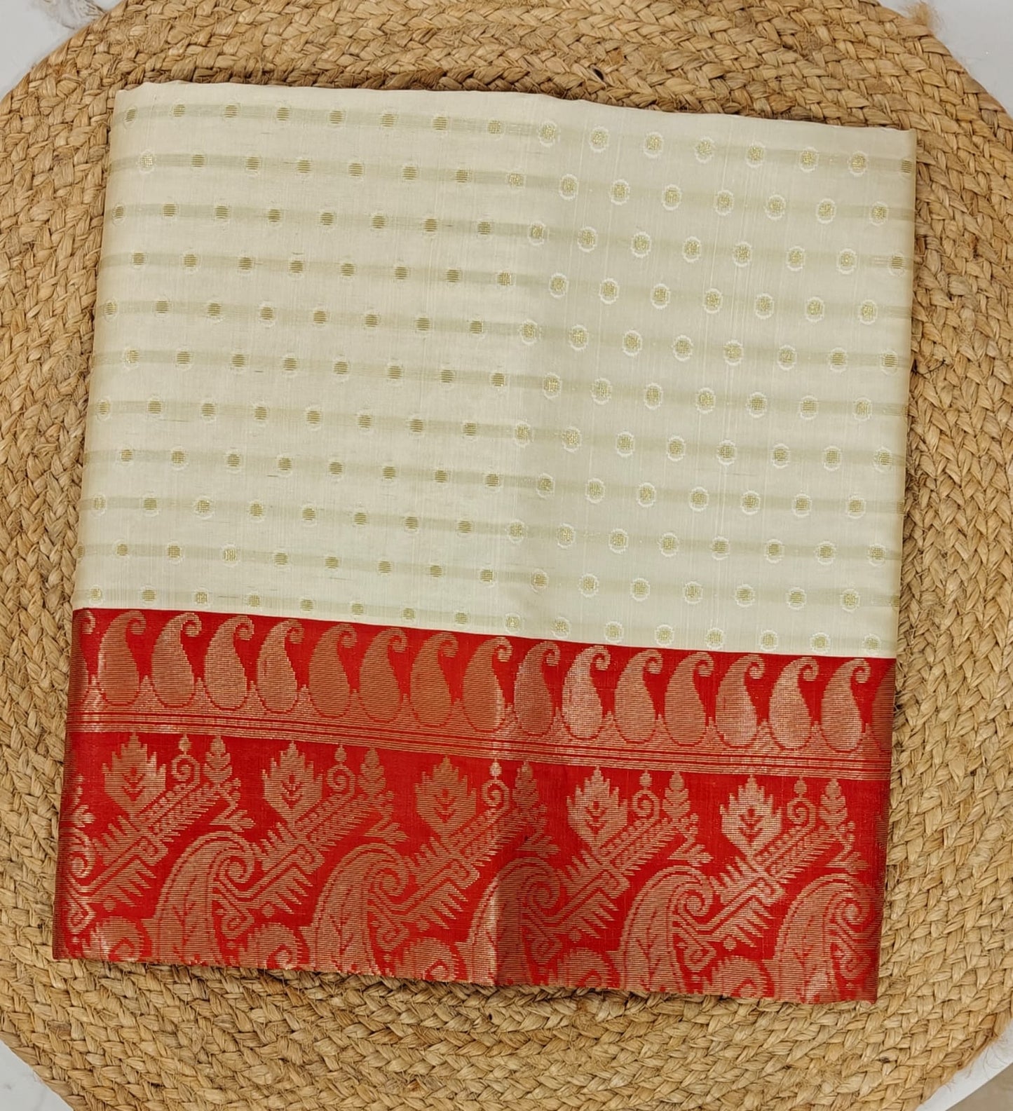 Red & White Kora Silk Saree