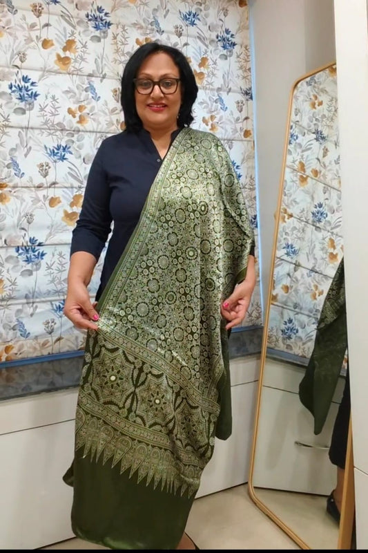Mehndi Green Mirror Work Modal Silk Stole for Women