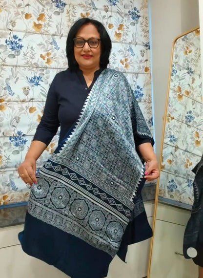 Midnight Blue Mirror Work Modal Silk Stole for Women