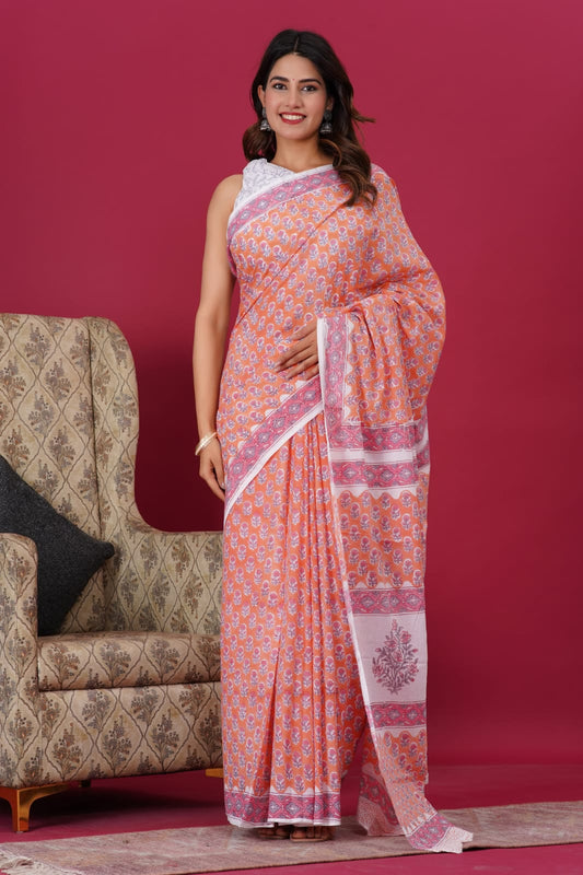 Minty Peachy- Peach  Block Print Mul Cotton Saree