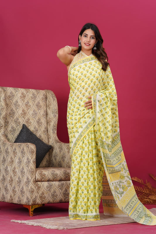 Morning Sunshine- Lemon Yellow Block Print Mul Cotton Saree