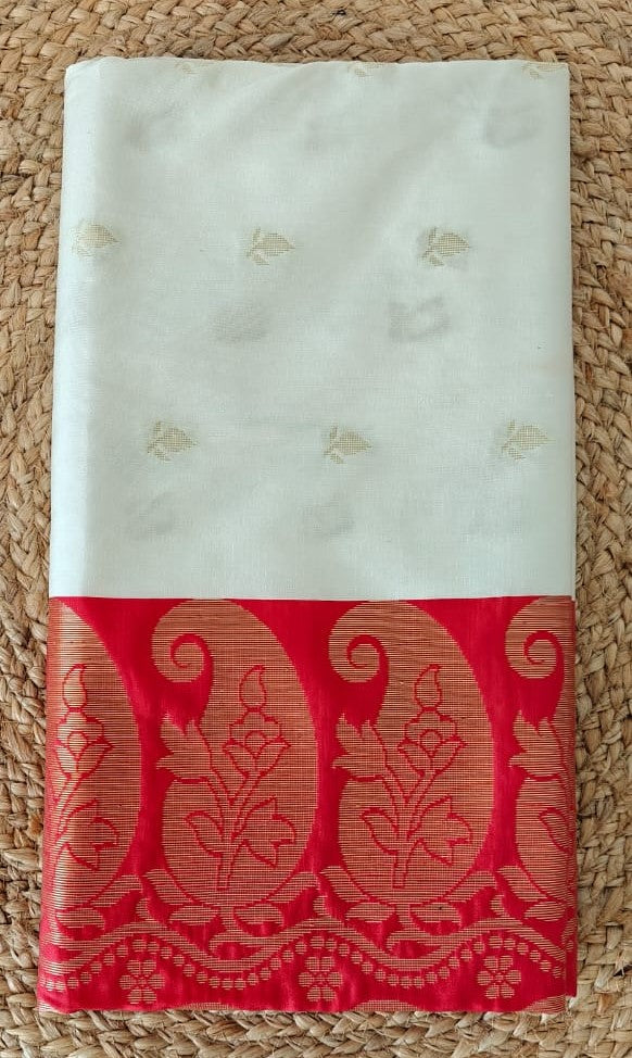 Durga Ello - Red & White/Off White Garad Silk Saree