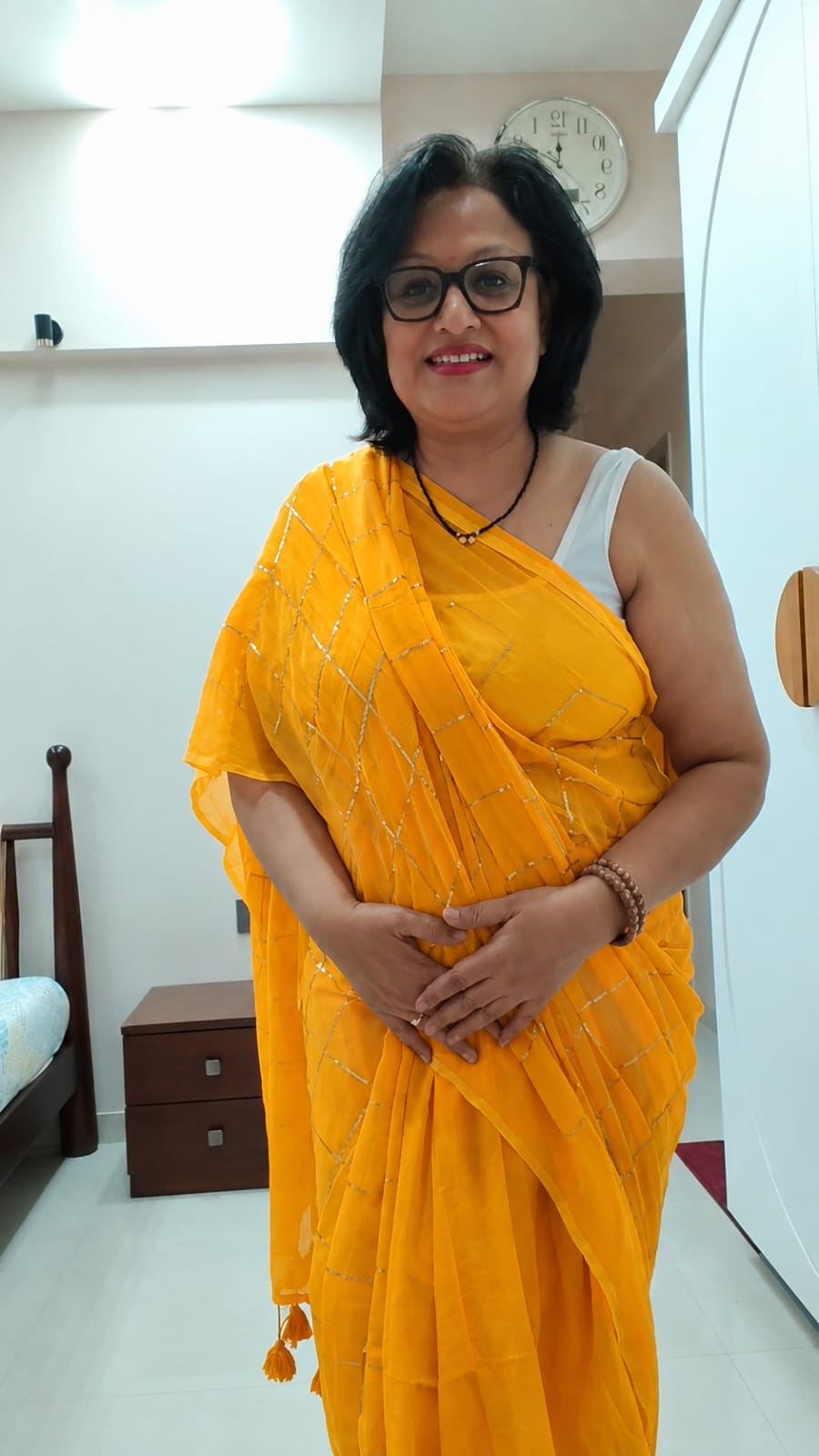 Marigold Muse - Soft Orange Mul Cotton Check Sequin Handloom Saree
