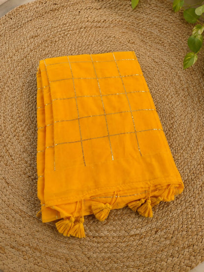 Marigold Muse - Soft Orange Mul Cotton Check Sequin Handloom Saree
