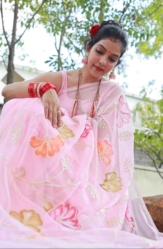 Gulabo - Pink Chiffon Saree with Hand painted flower and Gotta Patti