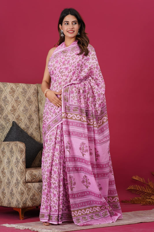 Pink Flower- Pink Block Print Mul Cotton Saree