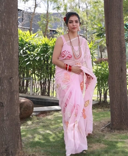 Gulabo - Pink Chiffon Saree with Hand painted flower and Gotta Patti
