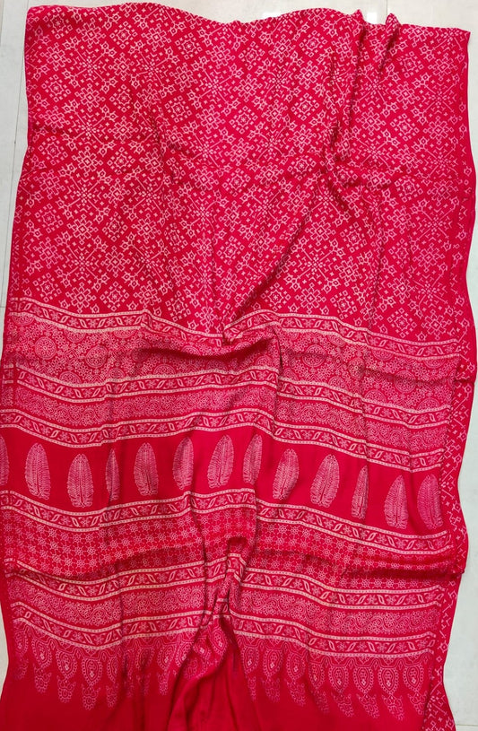Plush Red- Patola Design Semi Modal Silk Ajrakh Saree