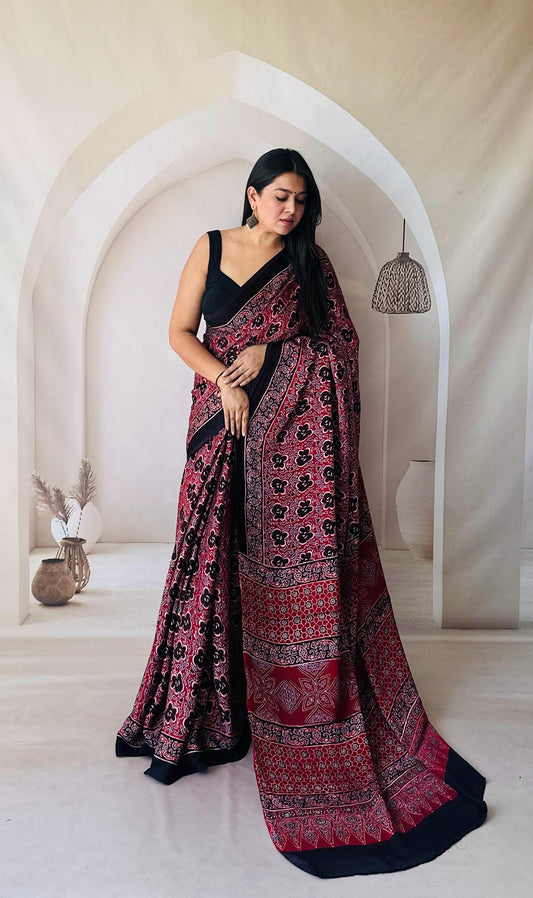 Ajrakh Saree – Autumn Roses