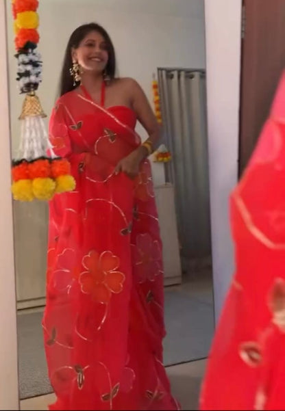 Gulabo - Red Chiffon Saree with Hand painted flower and Gotta Patti