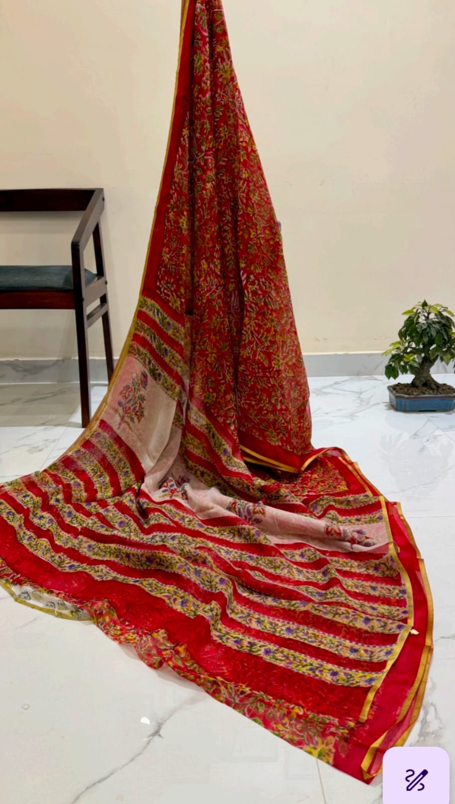 Floral Radiance:  Hand Block Print Pure Chiffon Saree