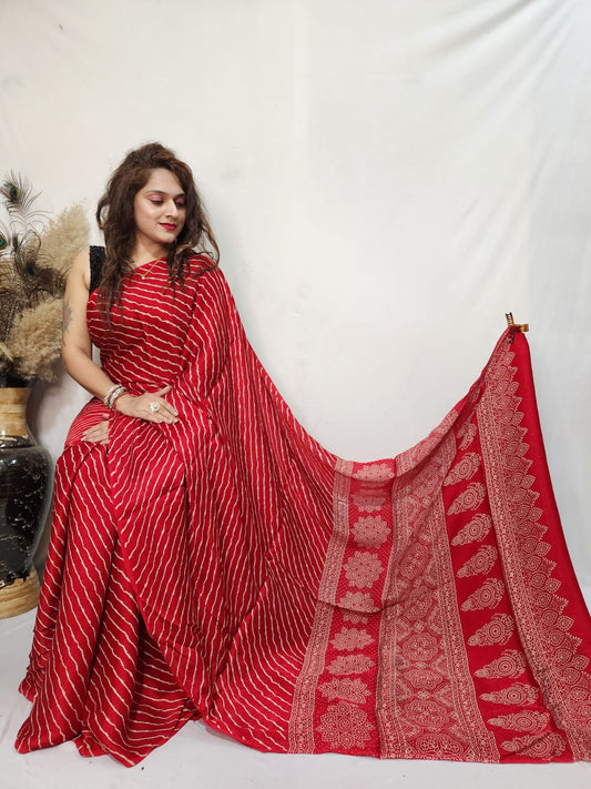 Red Wave - Lehariya Semi Modal Silk Ajrakh Saree