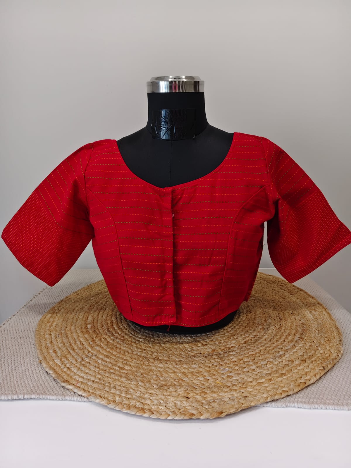 Red Woven Blouse with Multicolour Weaves