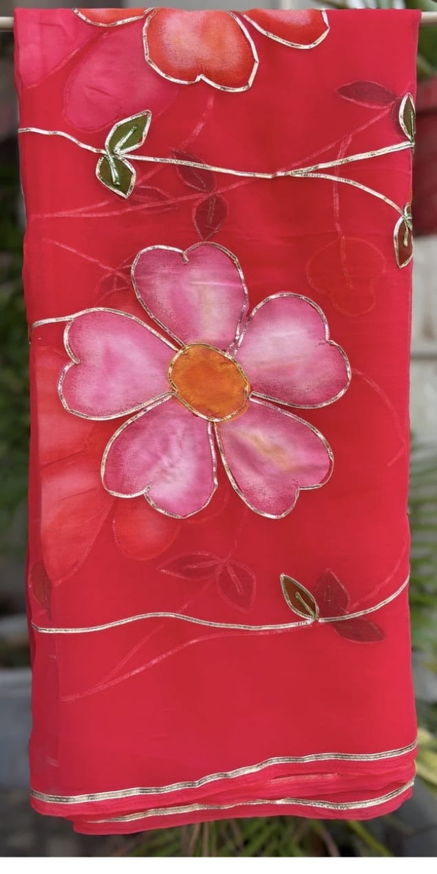 Gulabo - Red Chiffon Saree with Hand painted flower and Gotta Patti