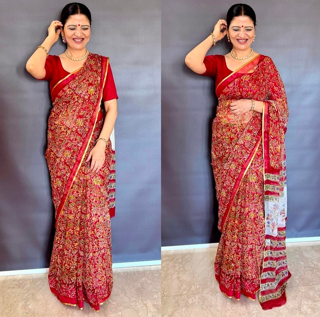 Floral Radiance:  Hand Block Print Pure Chiffon Saree