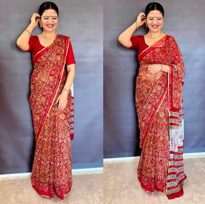 Floral Radiance:  Hand Block Print Pure Chiffon Saree