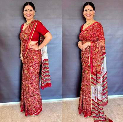 Floral Radiance:  Hand Block Print Pure Chiffon Saree