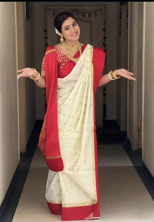 Durga Ello - Red & White/Off White Garad Silk Saree