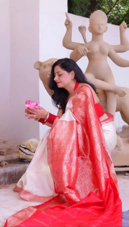 Red & White Kora Silk Saree