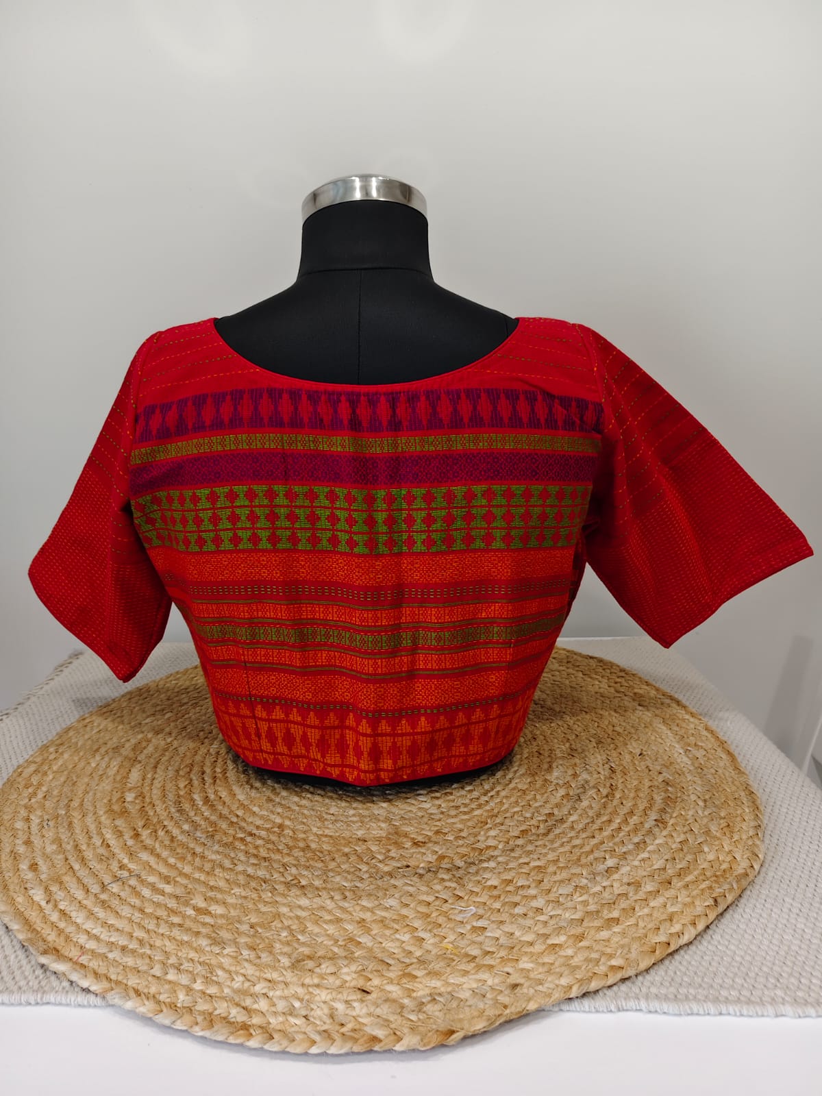 Red Woven Blouse with Multicolour Weaves