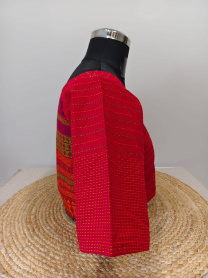 Red Woven Blouse with Multicolour Weaves