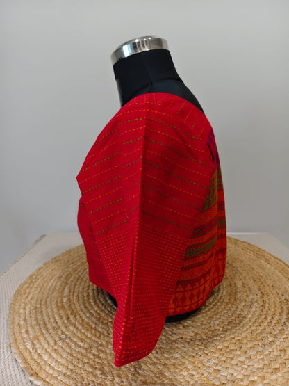 Red Woven Blouse with Multicolour Weaves