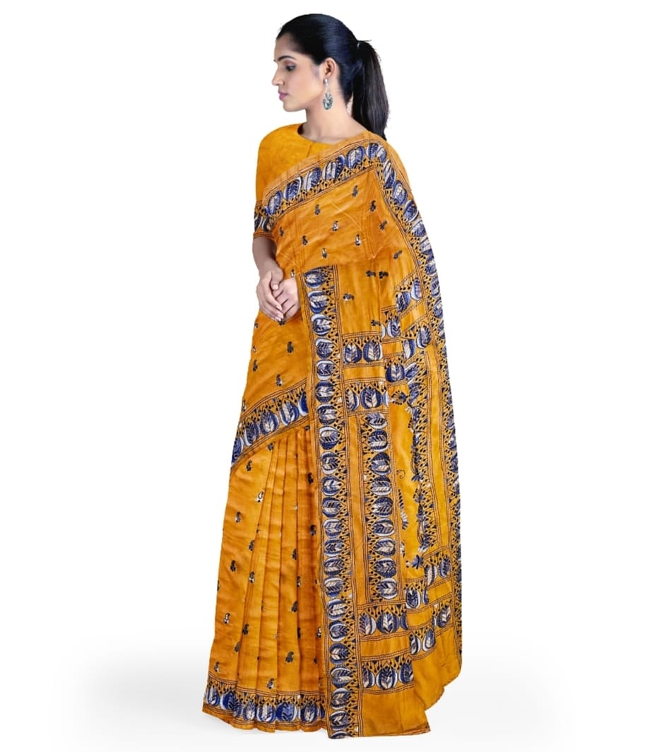 Yellow Kantha Stitch Saree