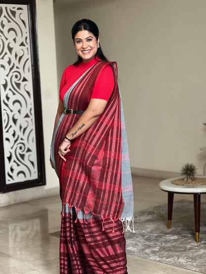 Chinese Lantern- Grey & Red  Begumpuri Saree