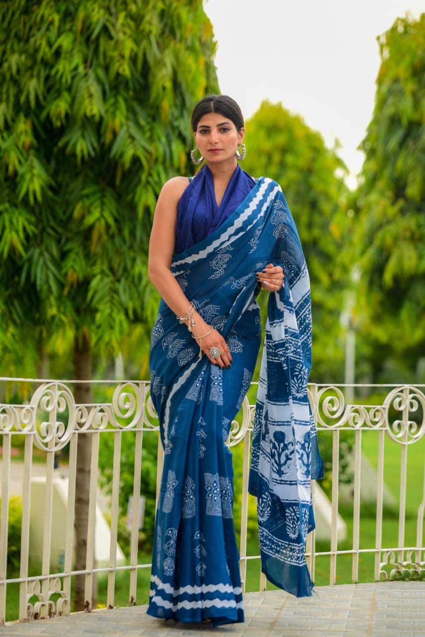 Teal-Soft Cotton Indigo  Saree