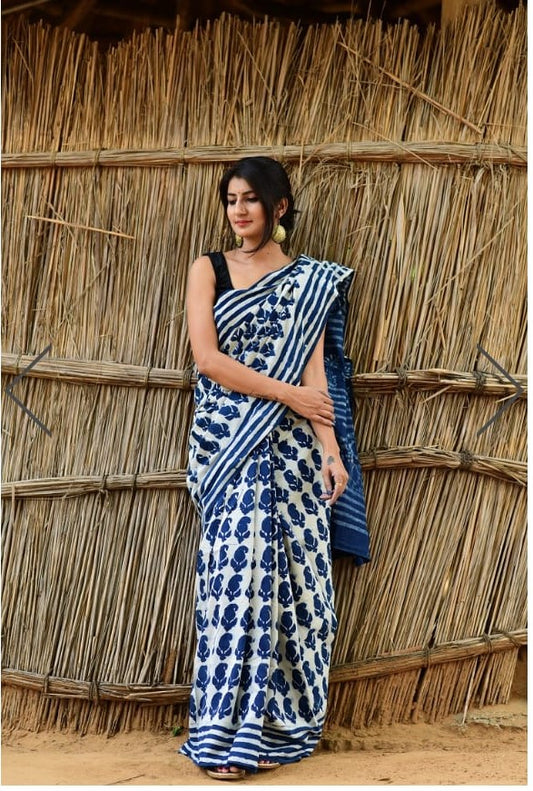 Turquoise - Soft Cotton Indigo  Saree