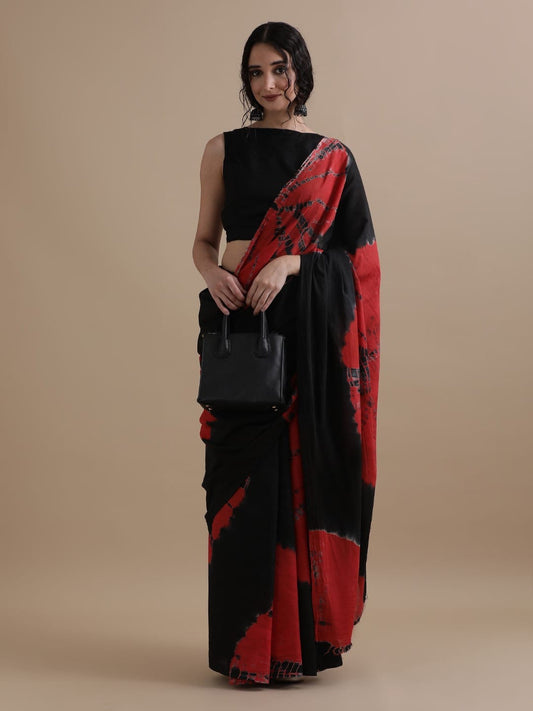 Autumn Rose - Red & Black Shibori Mul Cotton Saree