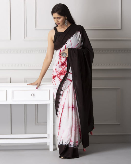 Moonstruck- White and  Black with Red Shibori Mul Cotton Saree