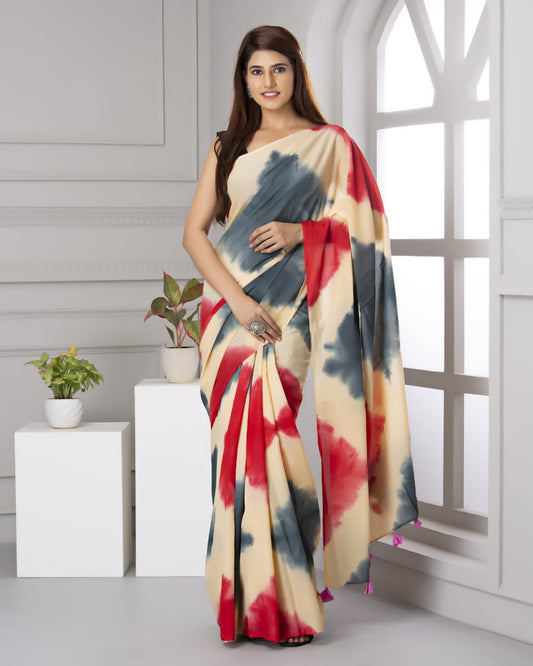 Sandbox- Cream with Multicolour Shibori Mul Cotton Saree