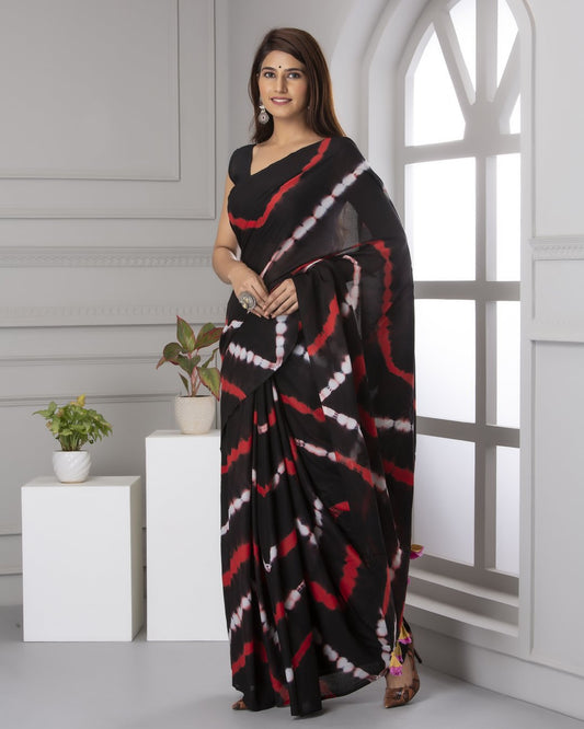 Tempest - Black with Red & White Shibori Mul Cotton Saree
