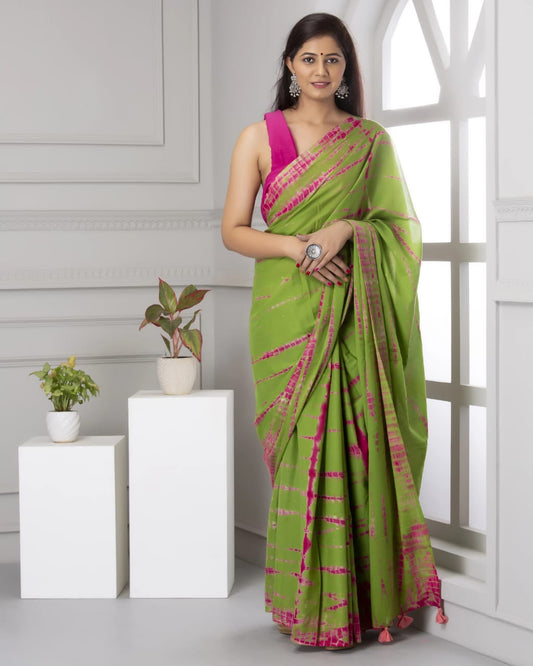 Forest Fairy- Green with Pink Shibori Mul Cotton Saree