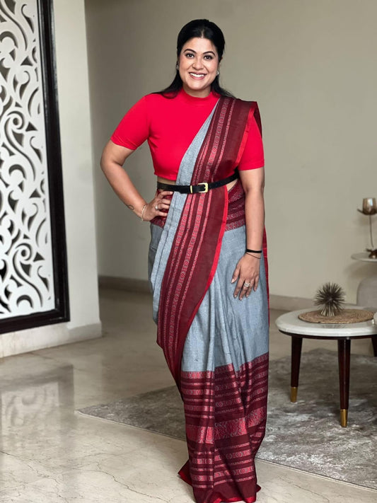 Chinese Lantern- Grey & Red  Begumpuri Saree