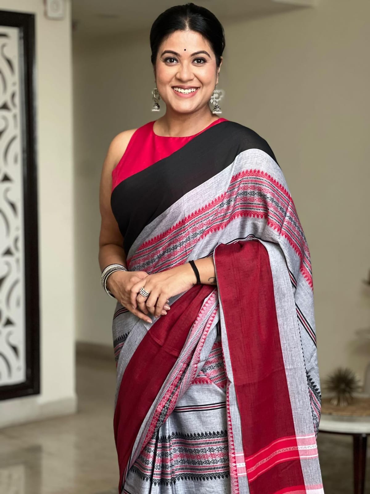 Marrakesh - Black, Crimson Red & Ash Grey Begumpuri Saree