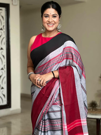 Marrakesh - Black, Crimson Red & Ash Grey Begumpuri Saree