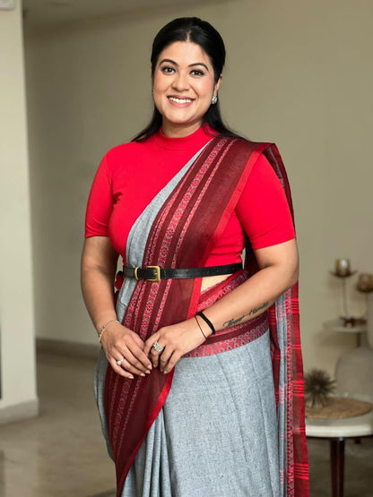 Chinese Lantern- Grey & Red  Begumpuri Saree