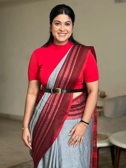 Chinese Lantern- Grey & Red  Begumpuri Saree