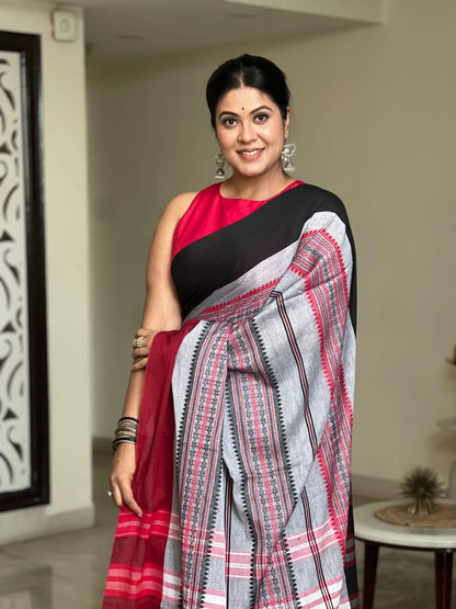 Marrakesh - Black, Crimson Red & Ash Grey Begumpuri Saree