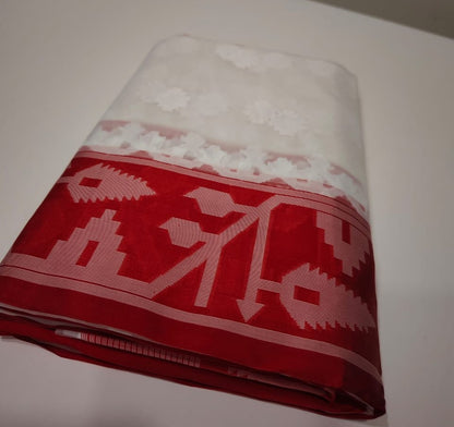 Naina- White & Red Tissue Jamdani Saree